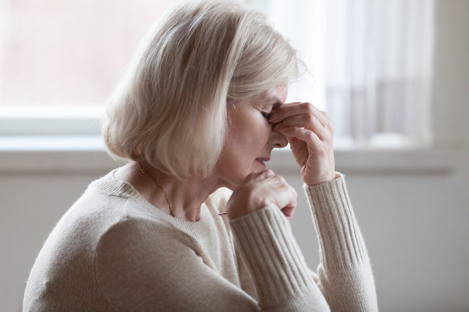 Fatigued Upset Older Woman Massaging Nose Bridge Feeling Eye Str