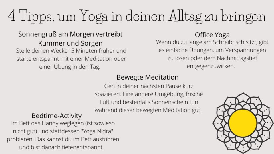 Grafik mit 4 Tipps, wie du Yoga in deinen Alltag einbauen kannst