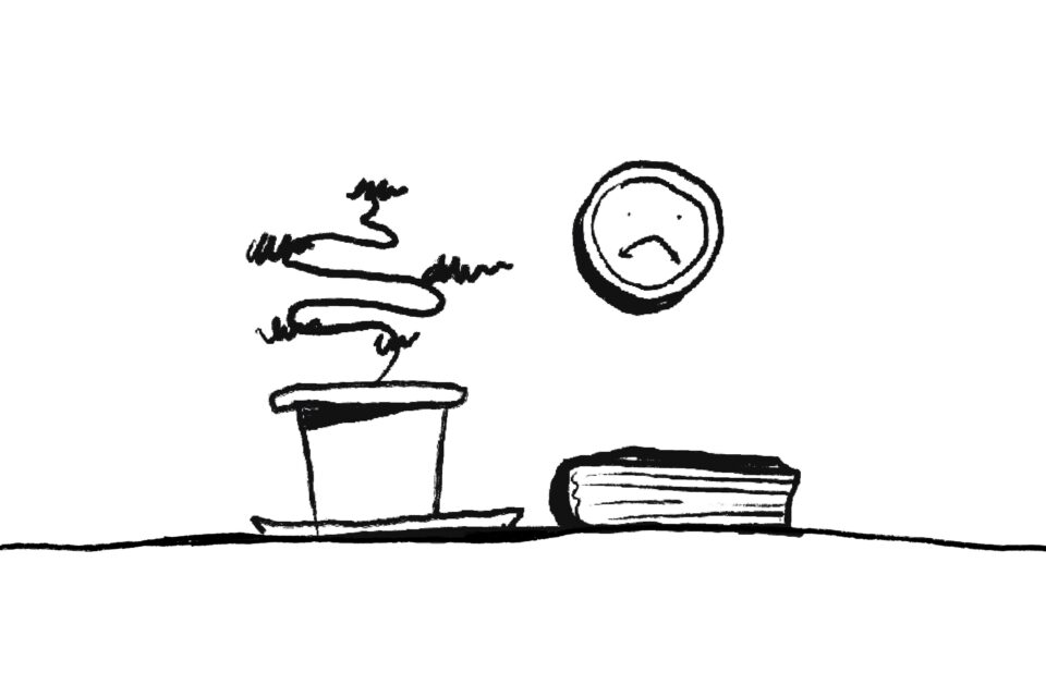 Illustration: Ein zugeklapptes Tagebuch. Ein Bonsai-Bäumchen. Und eine Uhr. Die Zeiger stehen nach unten, wie ein trauriger Mund.