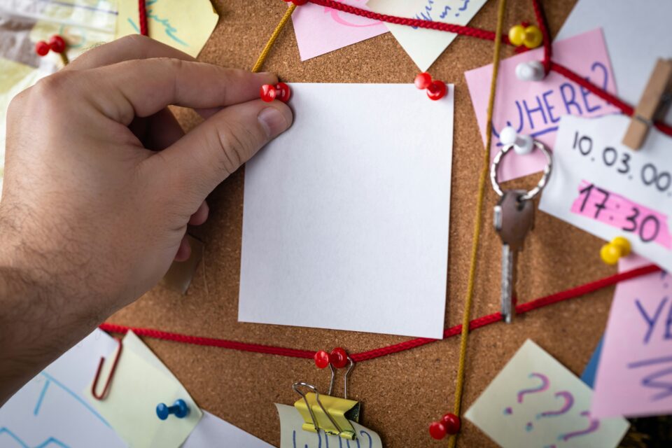 Weißer Post-It-Zettel auf einer Detektiv-Pinnwand