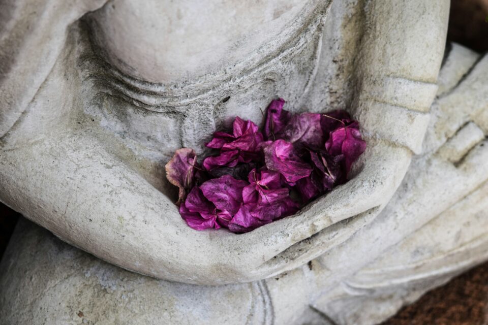 detailansicht hände in schoß von buddhafigur aus stein mit lila blumen